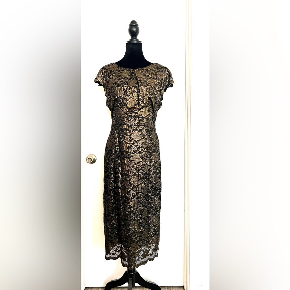 Black and Gold Sheath Lace MIDI Dress